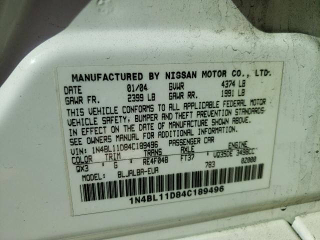 Photo 10 from auction – 2004 NISSAN ALTIMA SE with VIN 1N4BL11D84C189496