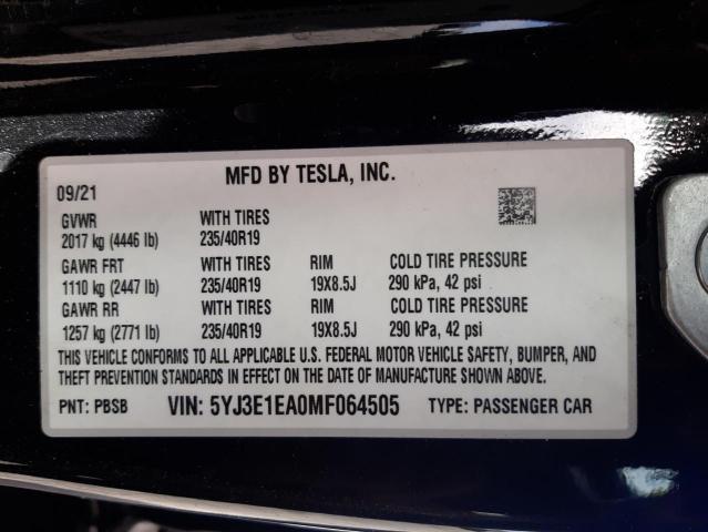 Photo 10 from auction – 2021 TESLA MODEL 3 with VIN 5YJ3E1EA0MF064505