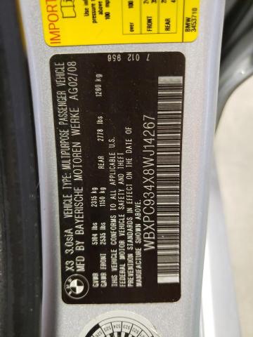 Photo 10 from auction – 2008 BMW X3 3.0SI with VIN WBXPC934X8WJ14267