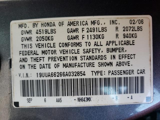 Photo 10 from auction – 2006 ACURA 3.2TL with VIN 19UUA66266A032854