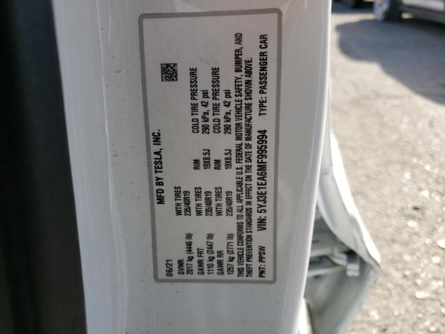 Photo 10 from auction – 2021 TESLA MODEL 3 with VIN 5YJ3E1EA6MF995994
