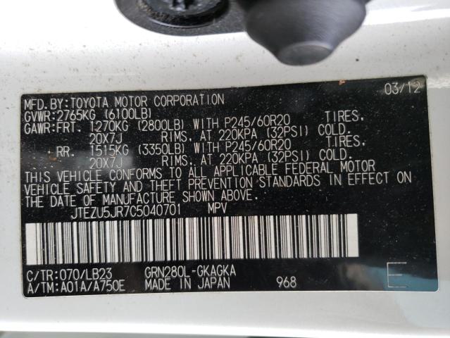 Фото 10 с аукциона – 2012 TOYOTA 4RUNNER SR с VIN JTEZU5JR7C5040701