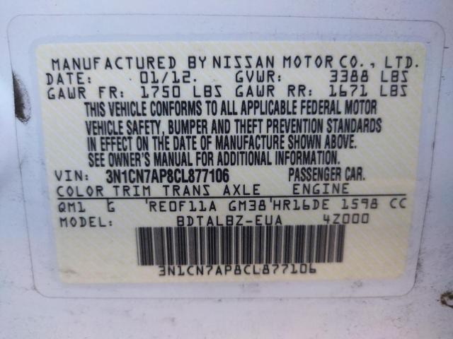 Photo 10 from auction – 2012 NISSAN VERSA S with VIN 3N1CN7AP8CL877106