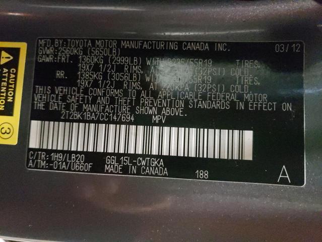 Photo 10 from auction – 2012 LEXUS RX 350 with VIN 2T2BK1BA7CC147694