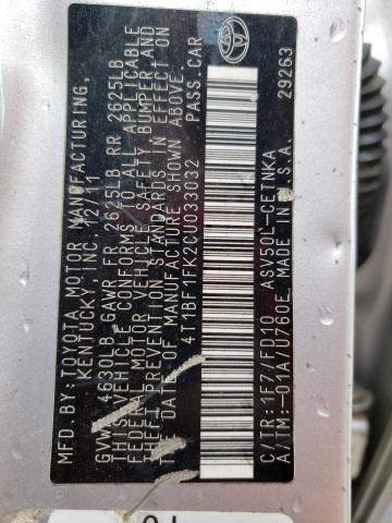 Photo 10 from auction – 2012 TOYOTA CAMRY BASE with VIN 4T1BF1FK2CU033032