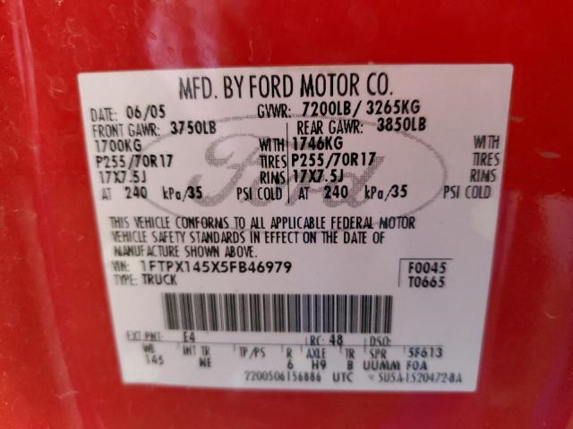 Photo 10 from auction – 2005 FORD F150 with VIN 1FTPX145X5FB46979