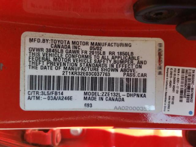 Photo 10 from auction – 2003 TOYOTA COROLLA MA with VIN 2T1KR32E03C037763