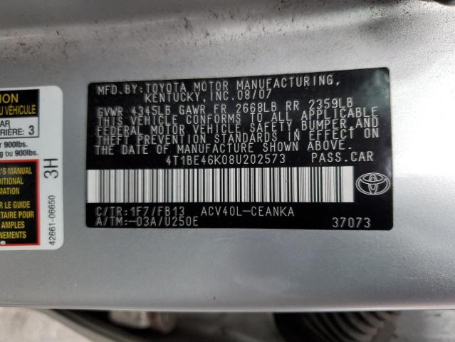 Photo 10 from auction – 2008 TOYOTA CAMRY CE with VIN 4T1BE46K08U202573