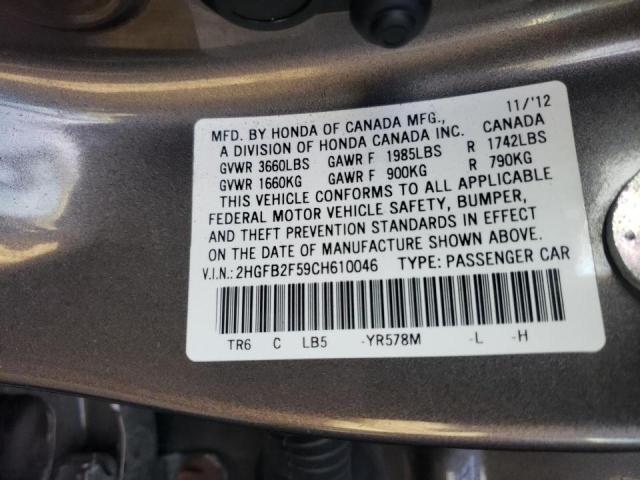 Photo 10 from auction – 2012 HONDA CIVIC LX with VIN 2HGFB2F59CH610046