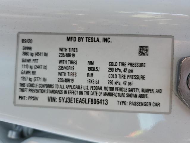 Photo 10 from auction – 2020 TESLA MODEL 3 with VIN 5YJ3E1EA5LF806413
