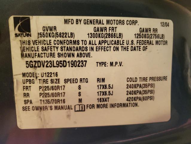 Photo 10 from auction – 2005 SATURN RELAY 3 with VIN 5GZDV23L95D190237