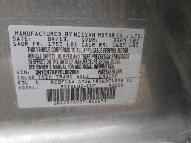 Photo 10 from auction – 2014 NISSAN VERSA S with VIN 3N1CN7AP2EL802694