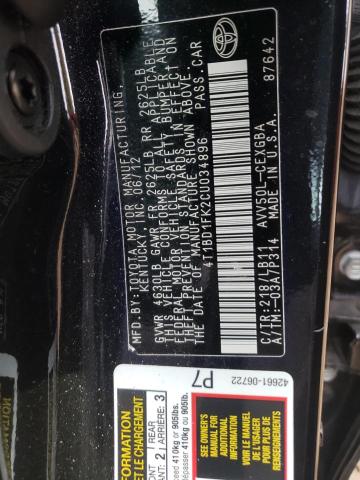Photo 10 from auction – 2012 TOYOTA CAMRY HYBR with VIN 4T1BD1FK2CU034896