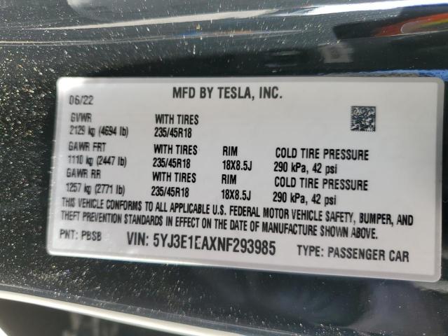 Photo 10 from auction – 2022 TESLA MODEL 3 with VIN 5YJ3E1EAXNF293985