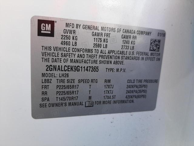 Photo 13 from auction – 2016 CHEVROLET EQUINOX LT with VIN 2GNALCEK9G1147365