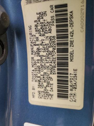 صورة رقم 10 من المزاد - 2012 TOYOTA COROLLA BA مع VIN 5YFBU4EE7CP022838