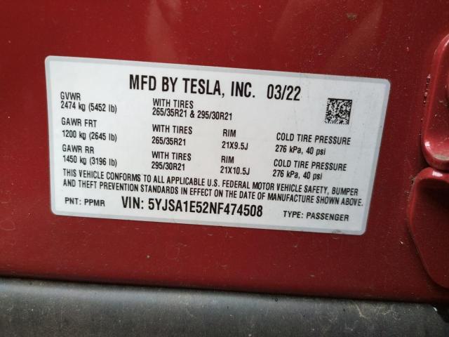 Photo 10 from auction – 2022 TESLA MODEL S with VIN 5YJSA1E52NF474508