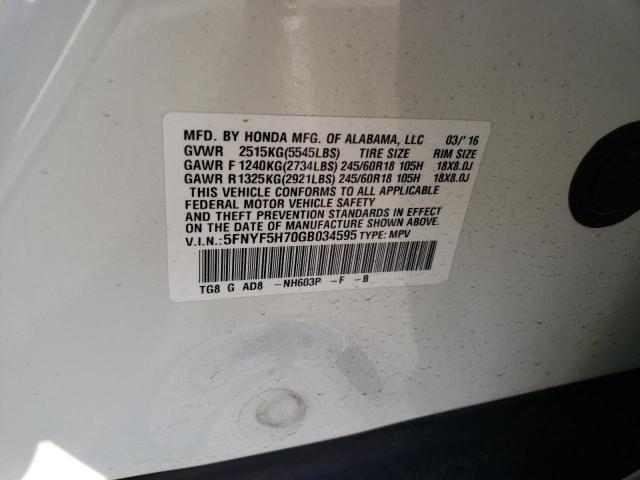 Photo 13 from auction – 2016 HONDA PILOT EXLN with VIN 5FNYF5H70GB034595