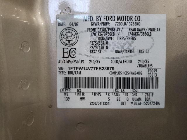 Photo 10 from auction – 2007 FORD F150 SUPER with VIN 1FTPW14V77FB23679