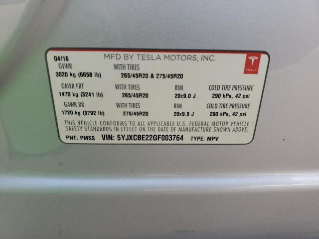 Photo 10 from auction – 2016 TESLA MODEL X with VIN 5YJXCBE22GF003764