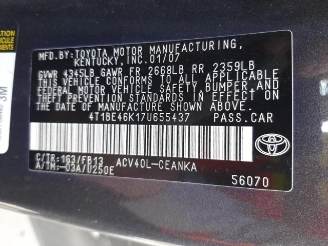 Photo 12 from auction – 2007 TOYOTA CAMRY CE with VIN 4T1BE46K17U655437
