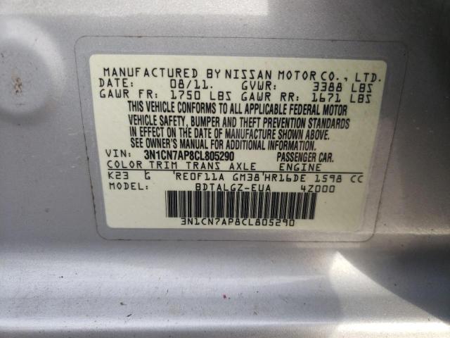 Photo 10 from auction – 2012 NISSAN VERSA S with VIN 3N1CN7AP8CL805290
