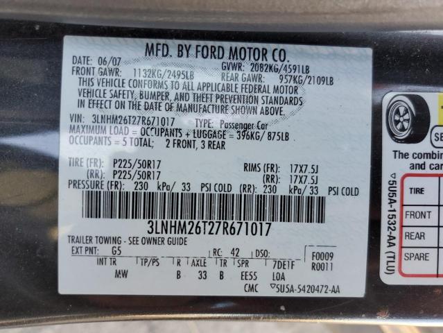 Photo 10 from auction – 2007 LINCOLN MKZ with VIN 3LNHM26T27R671017