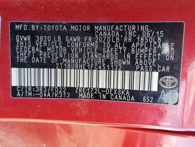 Photo 10 from auction – 2015 TOYOTA COROLLA L with VIN 2T1BURHE1FC451132