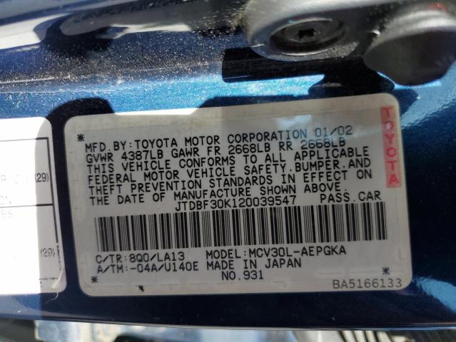 Photo 10 from auction – 2002 TOYOTA CAMRY LE with VIN JTDBF30K120039547