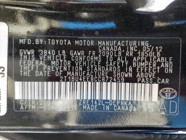 Photo 10 from auction – 2012 TOYOTA COROLLA BA with VIN 2T1BU4EE8CC872459