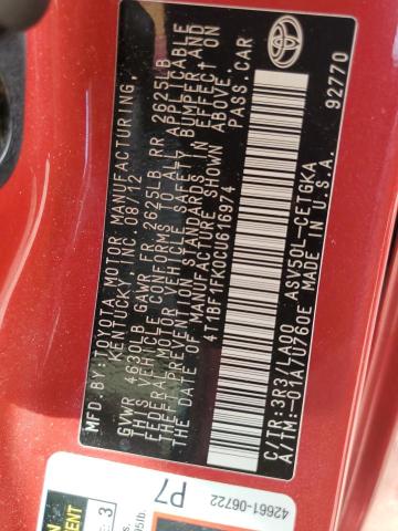 Photo 10 from auction – 2012 TOYOTA CAMRY with VIN 4T1BF1FK0CU616974