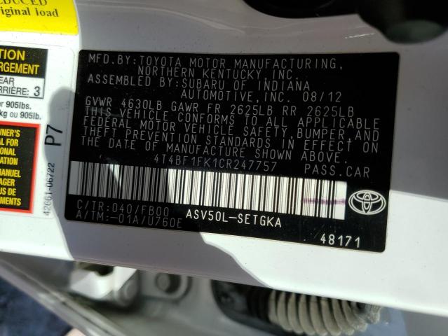 Photo 10 from auction – 2012 TOYOTA CAMRY BASE with VIN 4T4BF1FK1CR247757