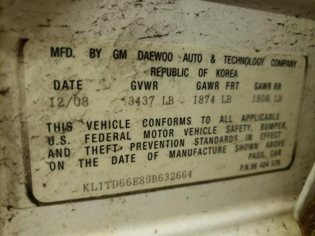 Photo 10 from auction – 2009 CHEVROLET AVEO LS with VIN KL1TD66E89B632664