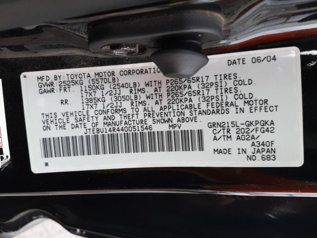 Photo 10 from auction – 2004 TOYOTA 4RUNNER SR with VIN JTEBU14R440051546