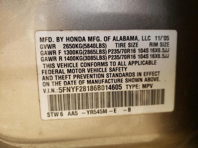Photo 10 from auction – 2006 HONDA PILOT LX with VIN 5FNYF28186B014605