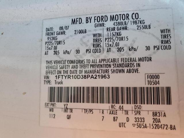Photo 10 from auction – 2008 FORD RANGER with VIN 1FTYR10D38PA21963