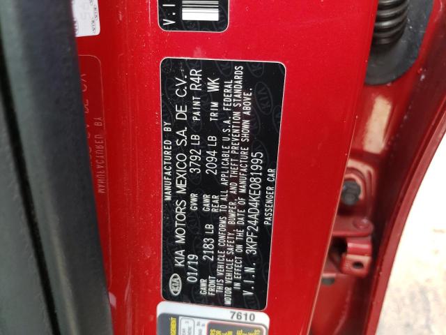 Photo 10 from auction – 2019 KIA FORTE FE with VIN 3KPF24AD4KE081995