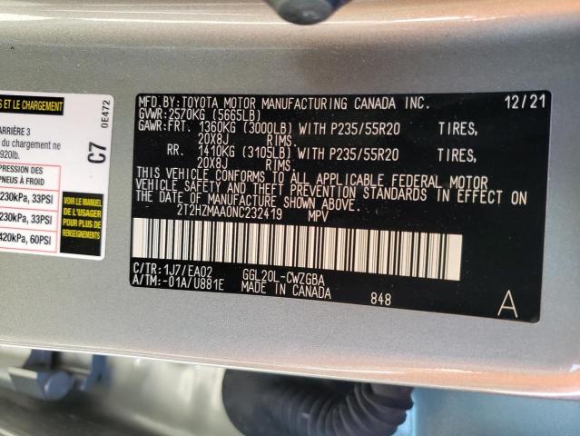 Photo 10 from auction – 2022 LEXUS RX 350 with VIN 2T2HZMAA0NC232419