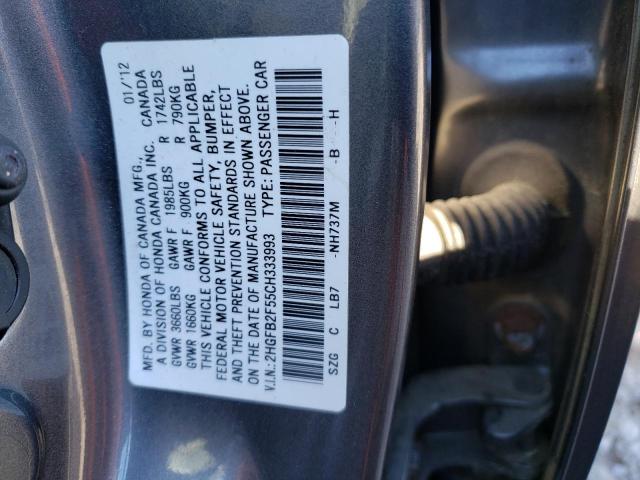 Photo 10 from auction – 2012 HONDA CIVIC LX with VIN 2HGFB2F55CH333993