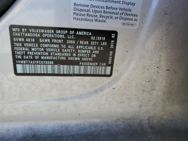 Photo 10 from auction – 2015 VOLKSWAGEN PASSAT SE with VIN 1VWBT7A31FC073268