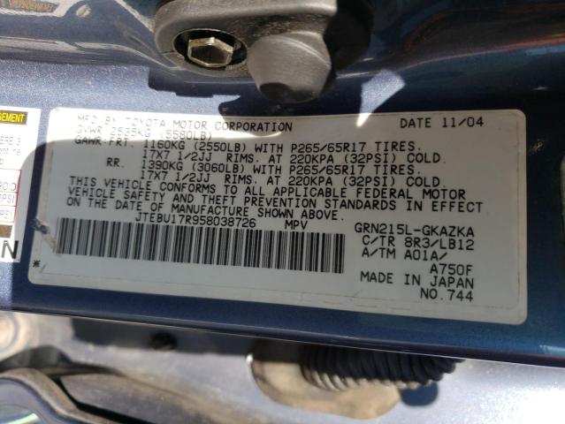 Photo 10 from auction – 2005 TOYOTA 4RUNNER LI with VIN JTEBU17R958038726