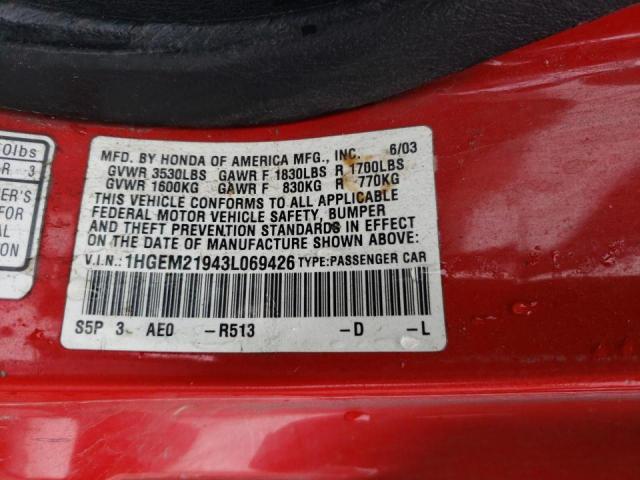 Photo 10 from auction – 2003 HONDA CIVIC EX with VIN 1HGEM21943L069426