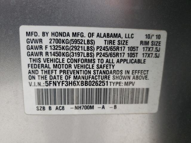 Photo 10 from auction – 2011 HONDA PILOT EXL with VIN 5FNYF3H6XBB026251
