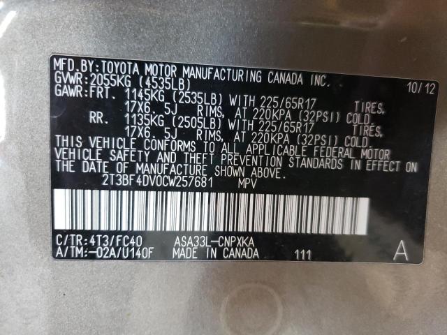 Photo 10 from auction – 2012 TOYOTA RAV4 with VIN 2T3BF4DV0CW257681
