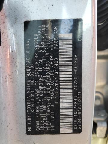 Photo 10 from auction – 2004 TOYOTA CAMRY LE with VIN 4T1BE32K44U318403