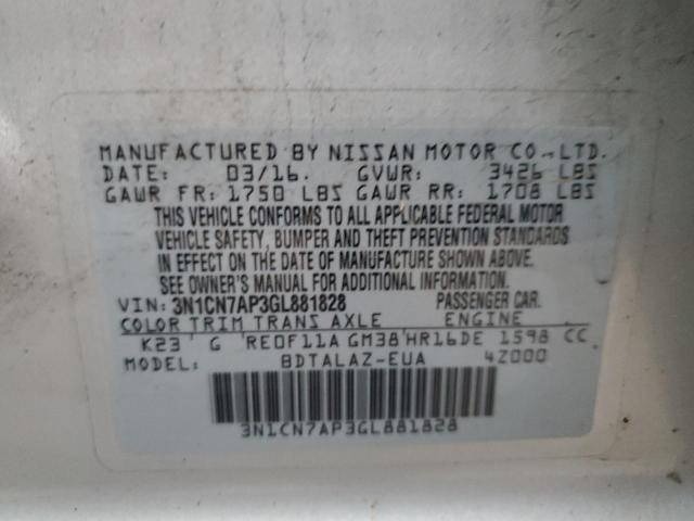 Photo 10 from auction – 2016 NISSAN VERSA S with VIN 3N1CN7AP3GL881828