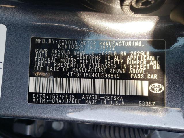 Photo 10 from auction – 2012 TOYOTA CAMRY BASE with VIN 4T1BF1FK4CU598849