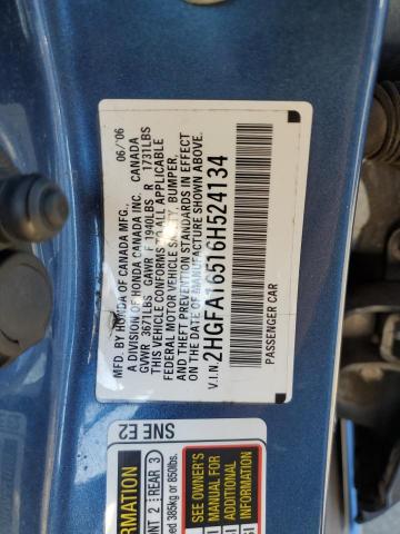 Photo 10 from auction – 2006 HONDA CIVIC with VIN 2HGFA16516H524134