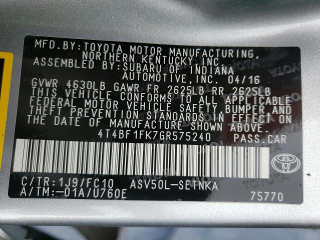 Photo 10 from auction – 2016 TOYOTA CAMRY LE with VIN 4T4BF1FK7GR575240