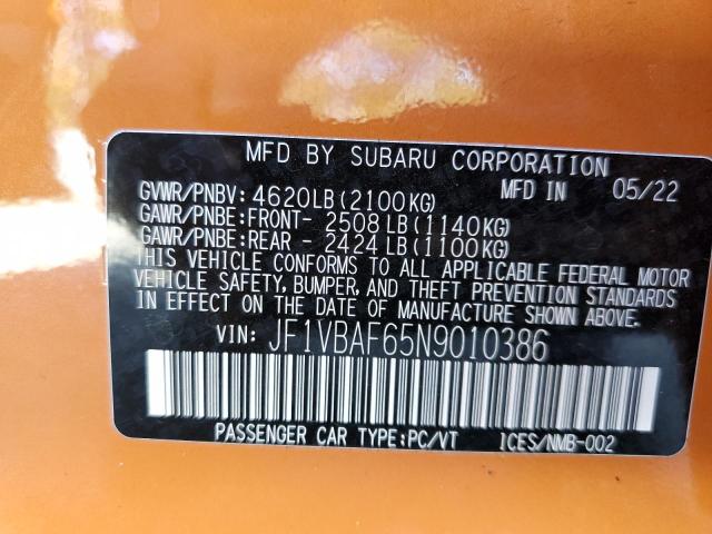 Photo 10 from auction – 2022 SUBARU WRX PREMIU with VIN JF1VBAF65N9010386